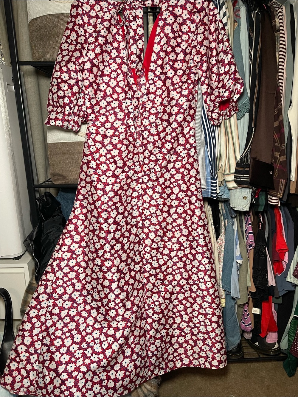 Top shop Echo Red and White Floral Maxi Dress with Puff Sleeves